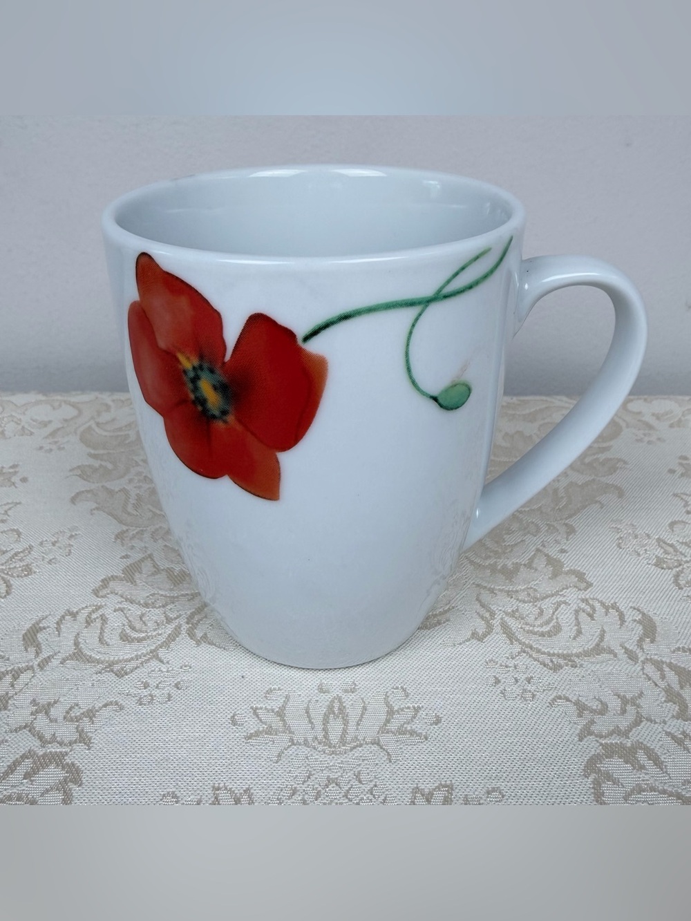 Tabletops Unlimited Gallery White Ceramic Mug with Red Flower, Replacement